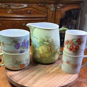 Lola McAdams Hand-Painted Fruit Ceramic Pitcher, soup & coffee mugs (5 pc)